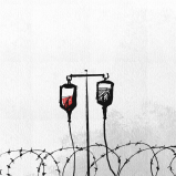 An illustration depicting an IV drip bag above barbed wire 