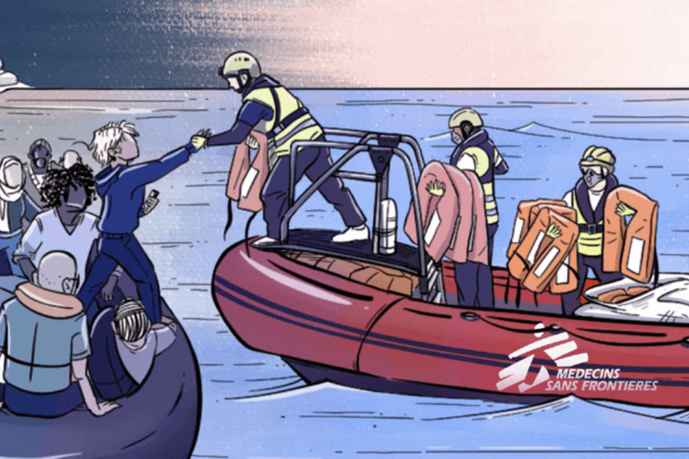 Comic illustration of MSF search and rescue teams pulling passengers from a boat in distress to safety.