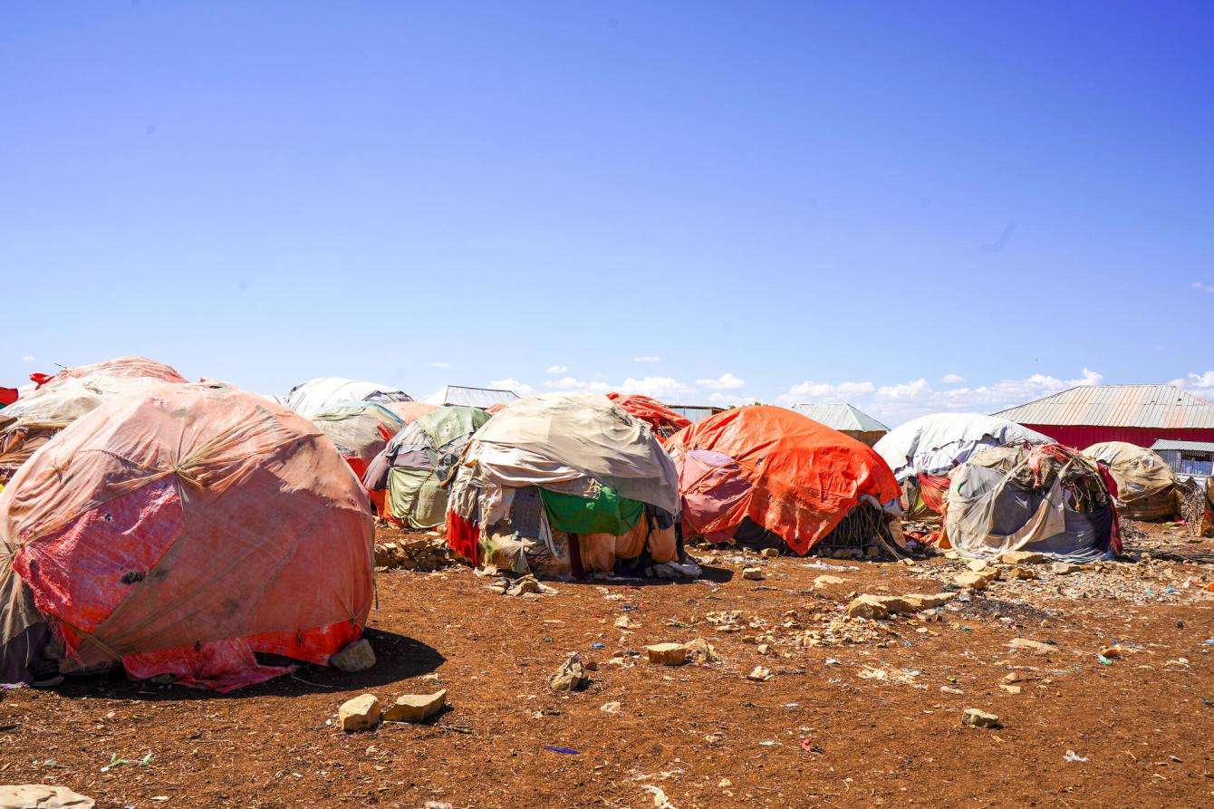 Temporary makeshift shelters made from clothing and plastic. 