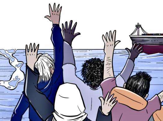 Comic illustration of boat passengers calling for help.