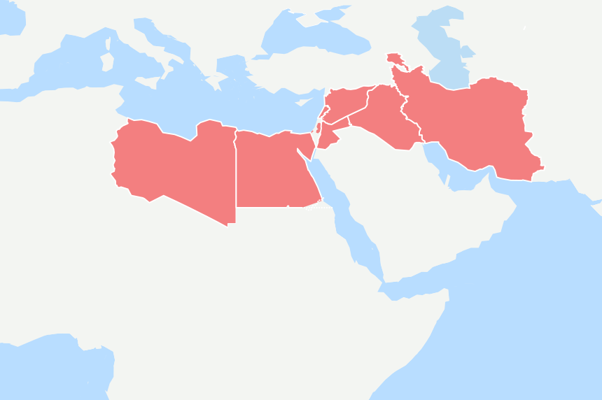 A map of the countries where MSF works across the Middle East