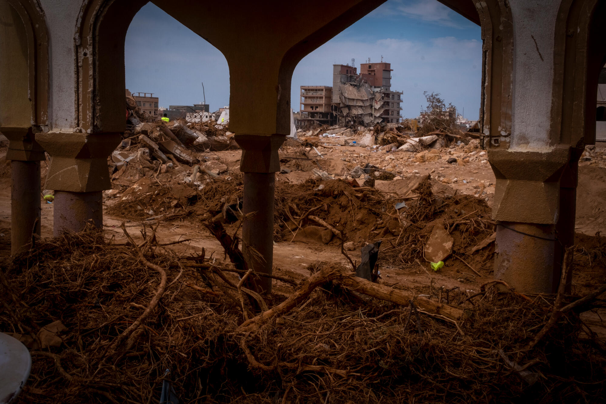 Rubble of buildings destroyed by flooding in Derna, where MSF is providing mental health support to survivors.