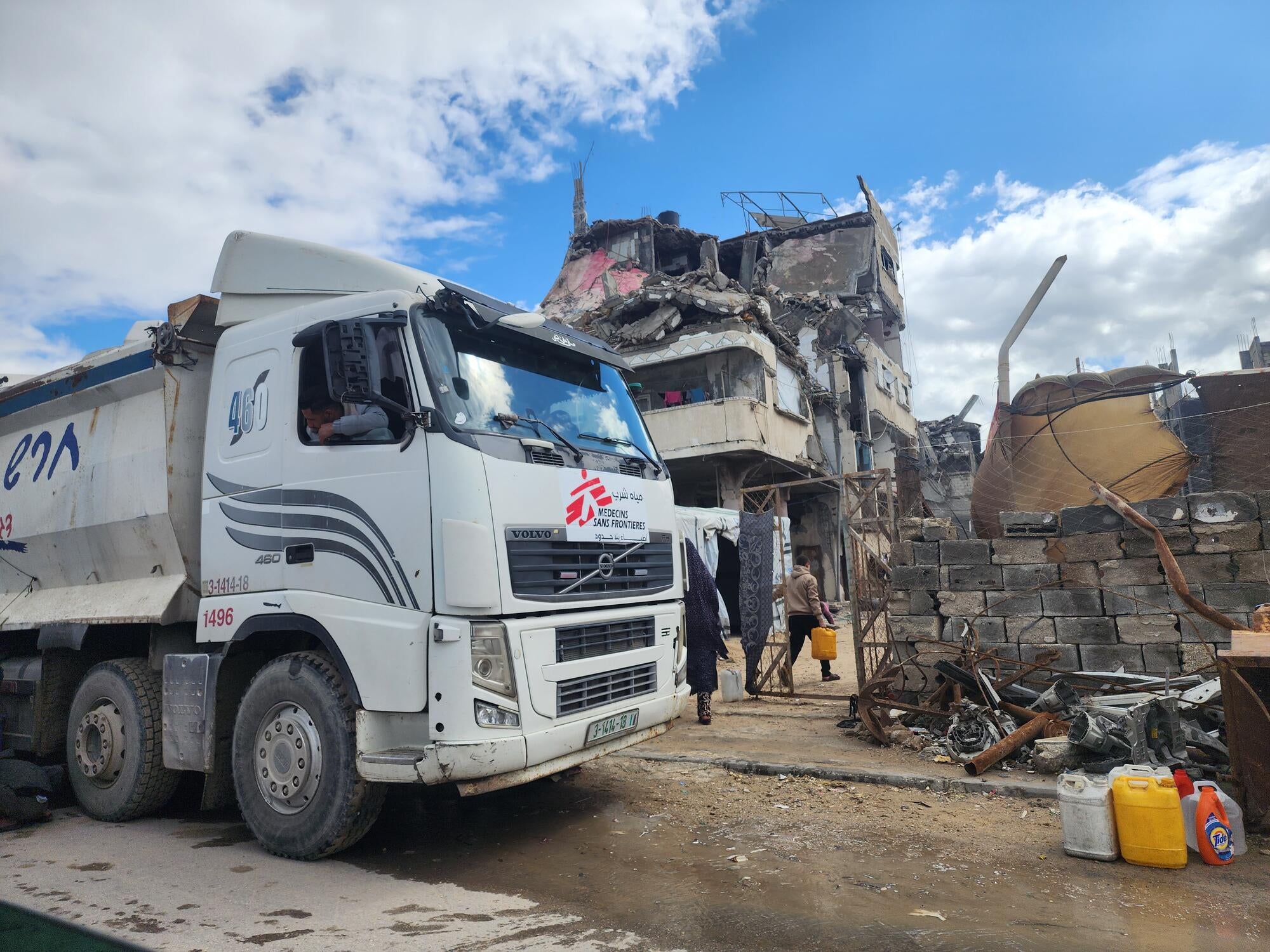 A water truck distributes drinking water in Gaza, Palestine. 