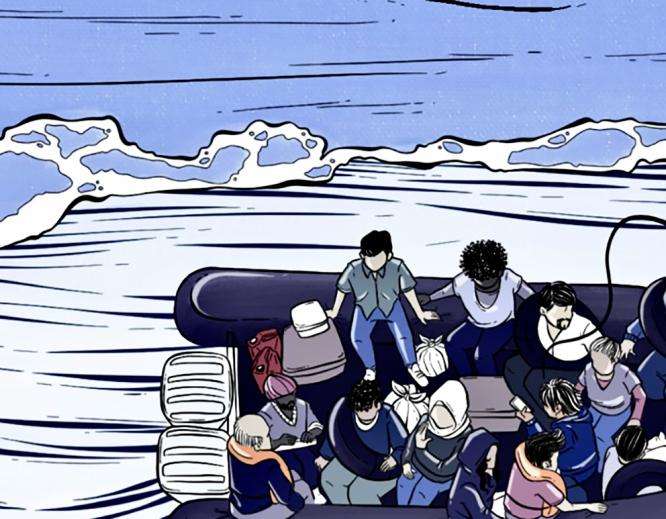 Comic illustration of a boat carrying people in the Mediterranean Sea.