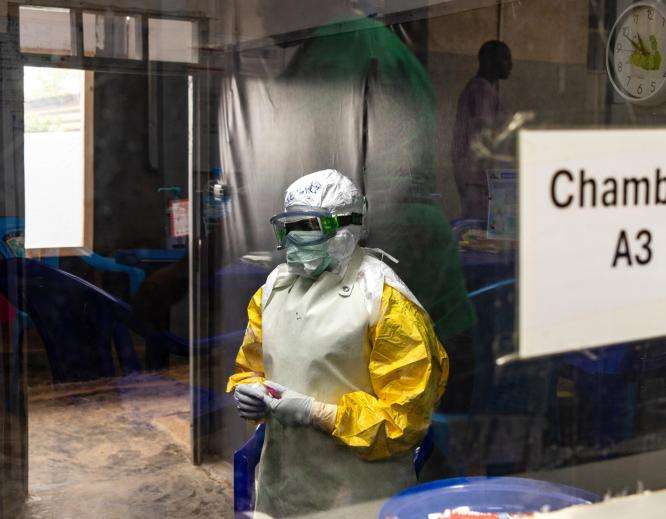 A team member at MSF's Ebola treatment center near Kitatumba Hospital in Butembo, North Kivu province, DR Congo.