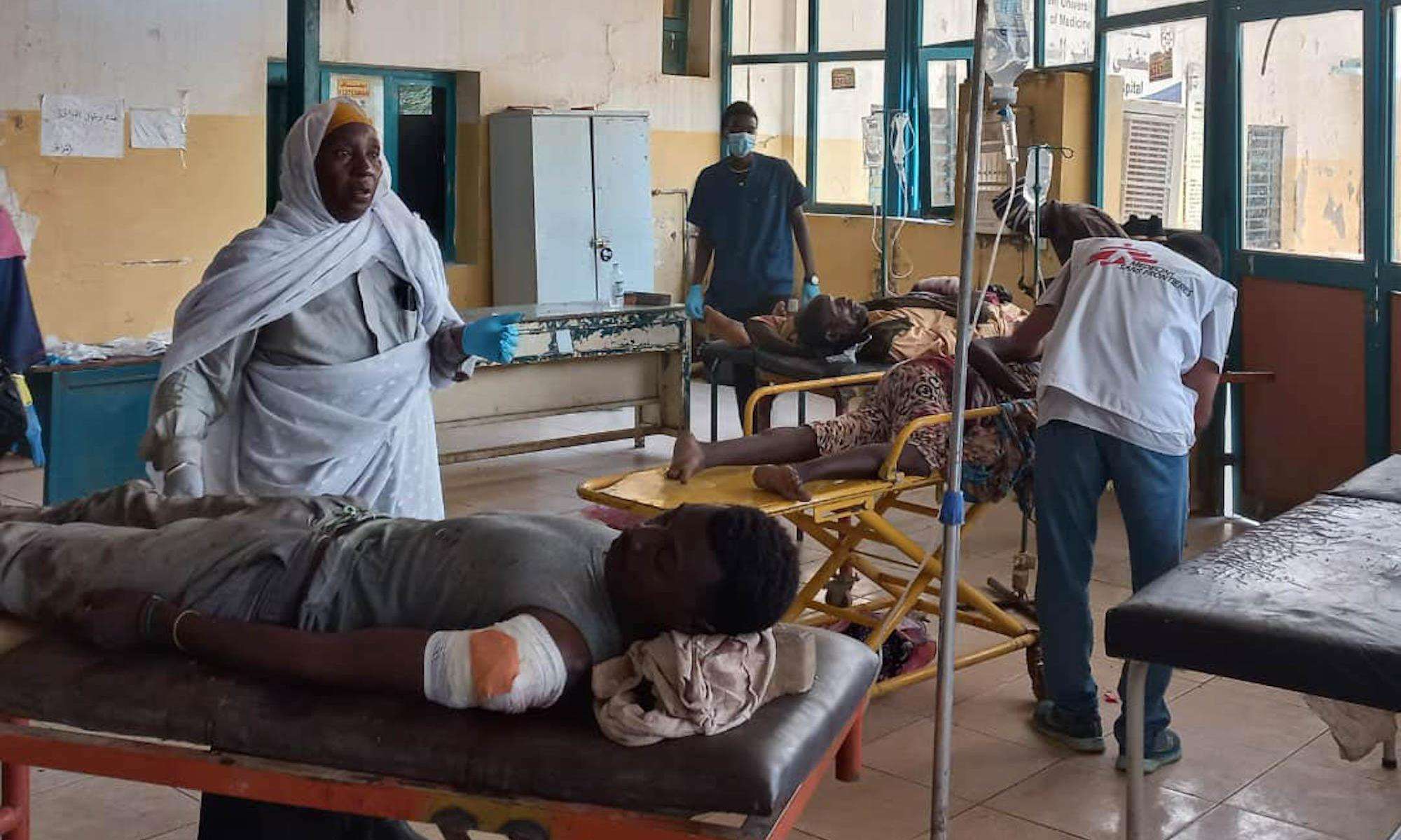 An MSF hospital room with patients on gurneys in Khartoum, Sudan.