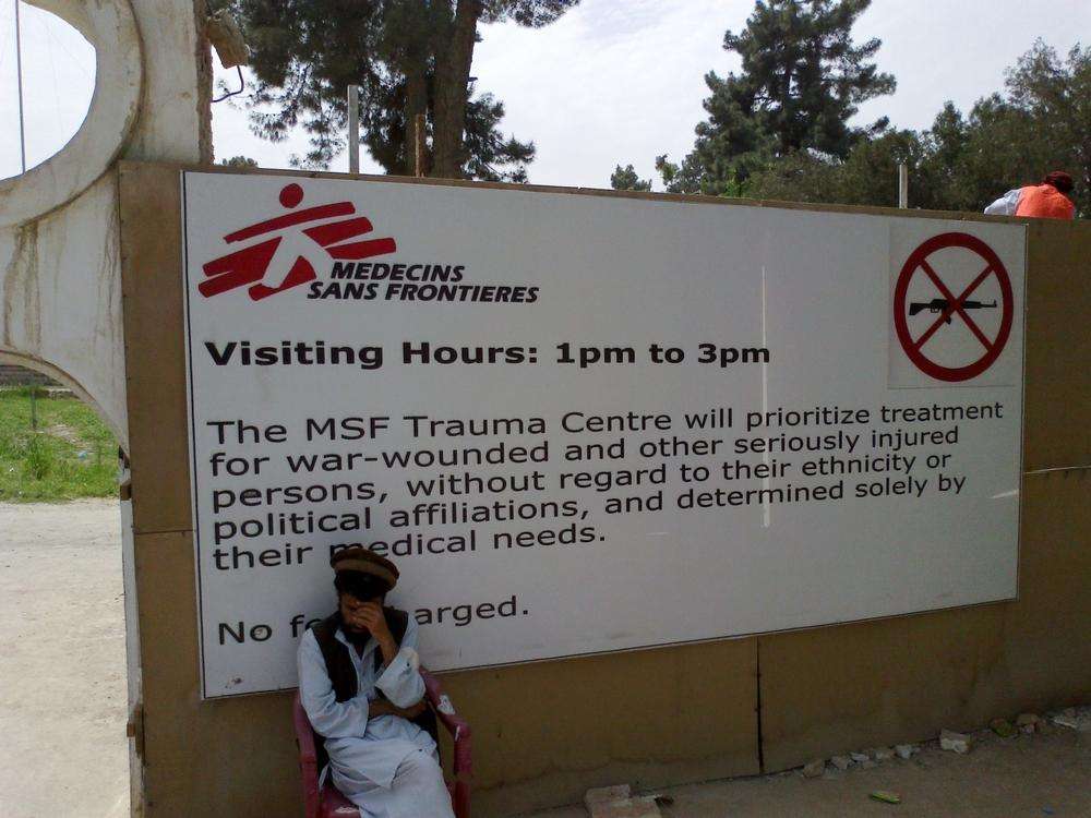 This April 2012 photograph shows the entrance noticeboard at the newly reconstructed MSF Trauma Centre, Kunduz, Afghanistan