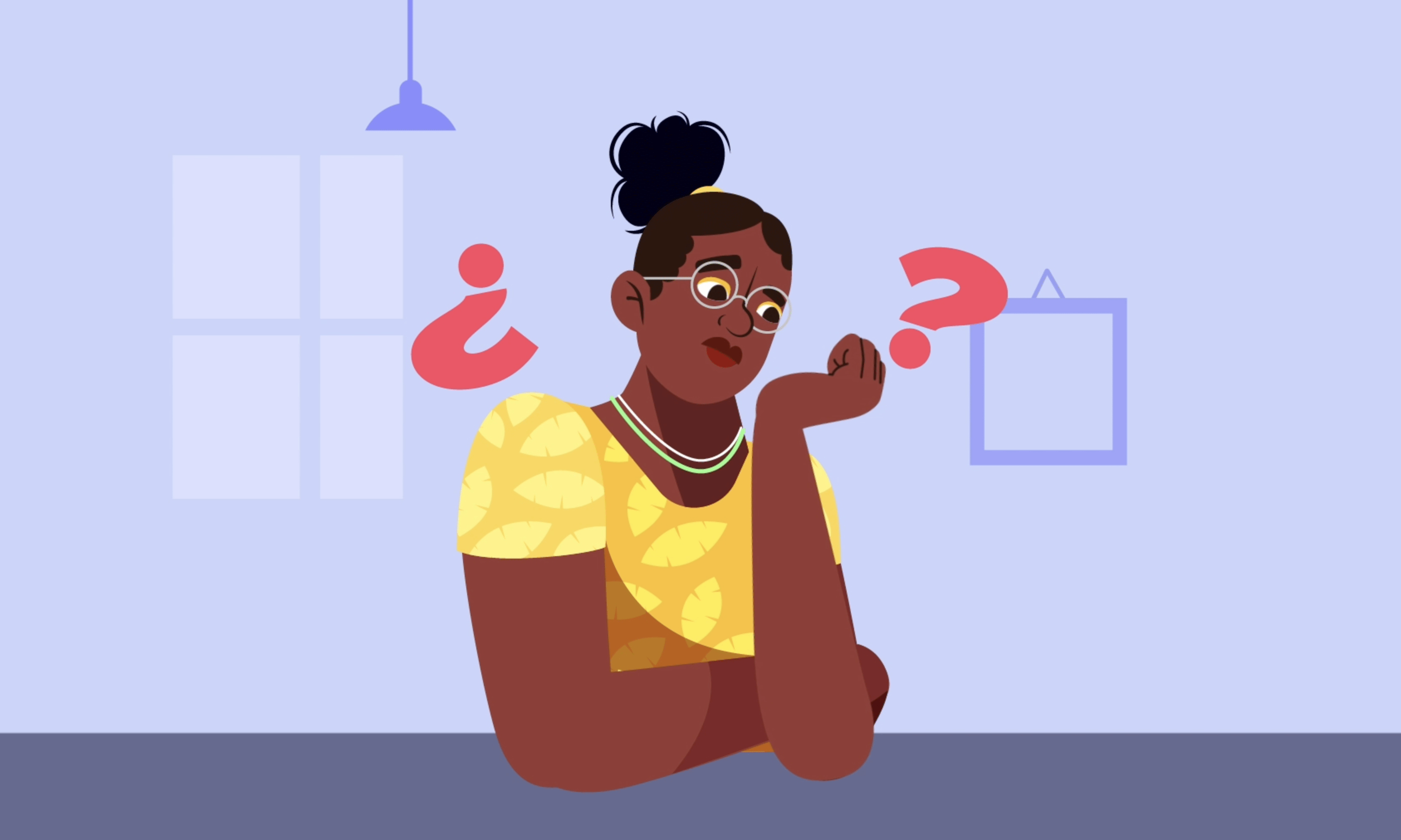 Illustration of a woman in yellow T shirt thinking with question marks around her for International Safe Abortion Day