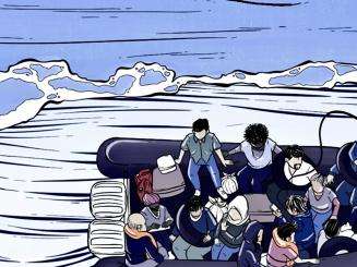 Comic illustration of a boat carrying people in the Mediterranean Sea.