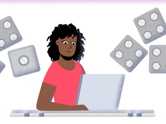Illustration of a woman at a laptop with abortion pills around her.
