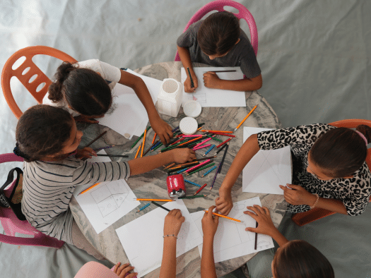 Palestinian children draw to express their feelings during an activity organized by MSF teams at the Zaytoun advanced medical point in Gaza City.