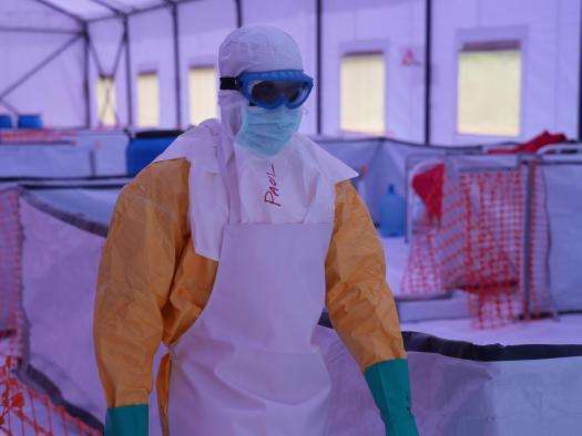 A health care worker participates in a training exercise on Ebola preparedness at the MSF-supported Ebola simulation center in Rongai, Kenya.