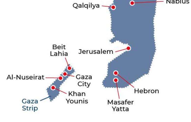 Map of Gaza and the West Bank, Palestine, from MSF's 2022 International Activity Report.