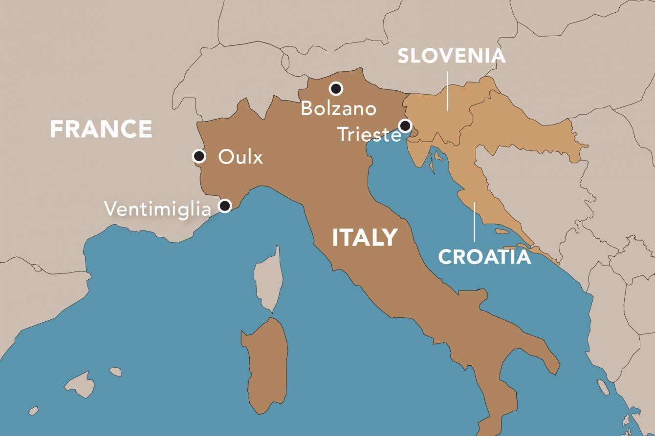 A map of the main transit points for migrants and refugees along Italy's northern border. 