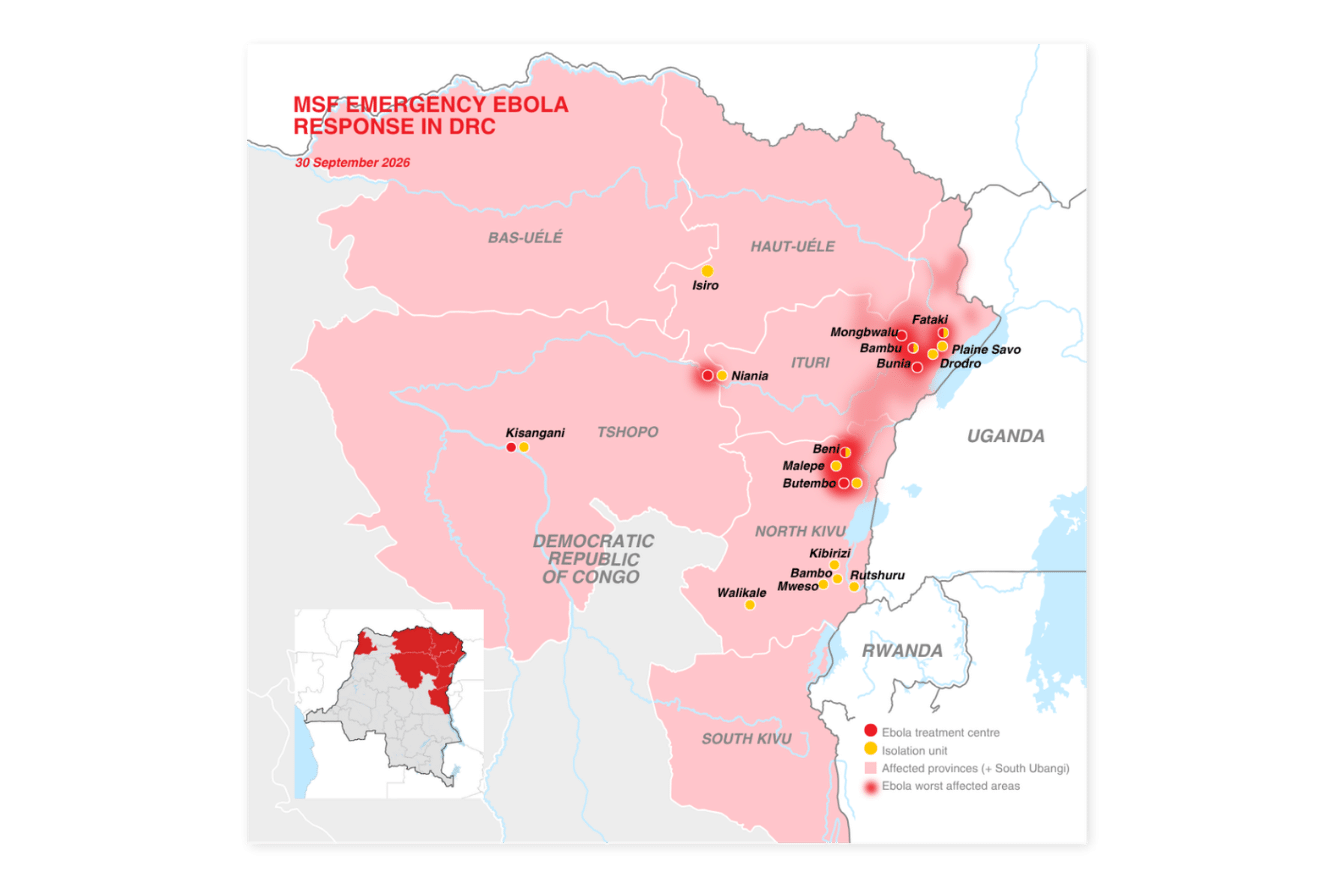 Map of MSF response to Ebola in DR Congo.