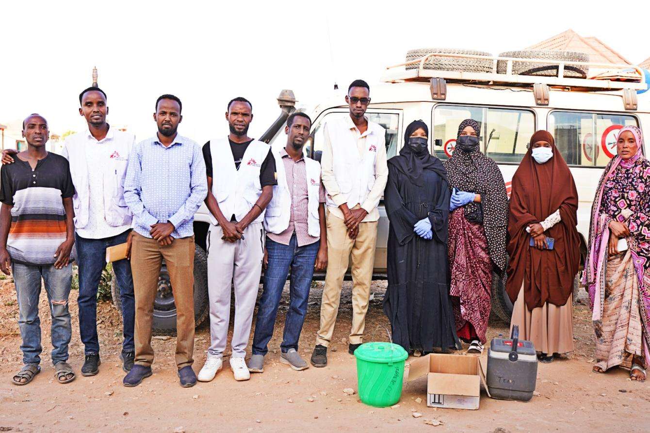 Members of the CATI team from MSF and MoH, pose for a photo after a successful campaign in administering oral cholera vaccines to households in Jigjiga, Ethiopia, on 2nd February 2024.