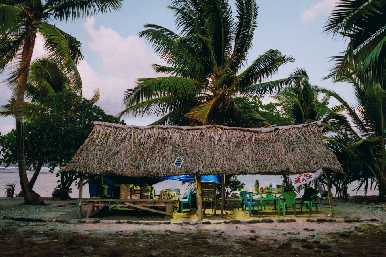 MSF bases operations on the outer island of Abaiang from an open air hut.