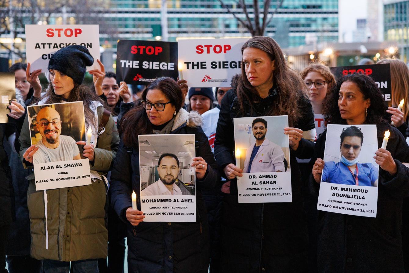MSF-USA staff members hold a vigil calling for Gaza ceasefire at the United Nations in New York.