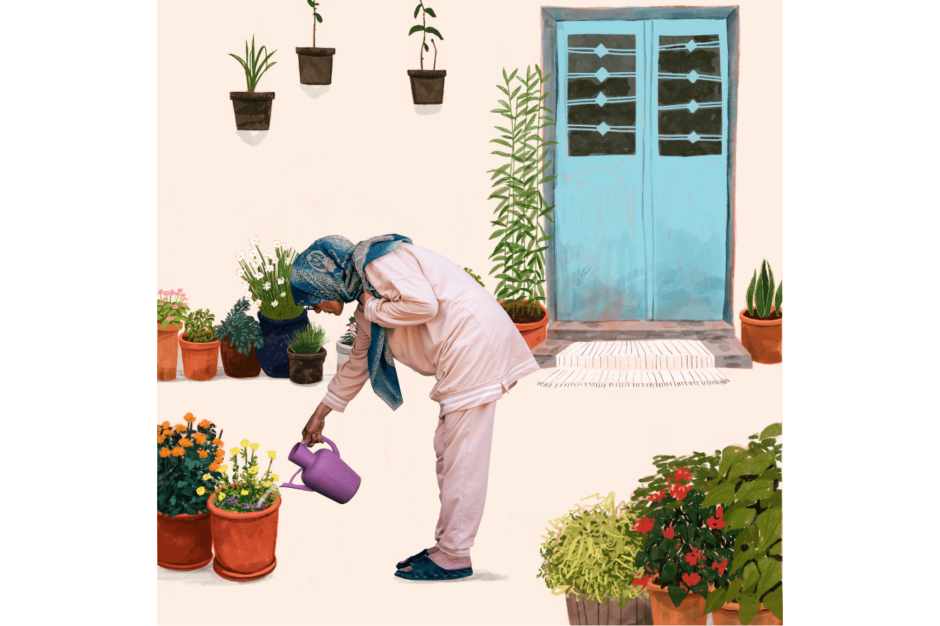 A displaced woman waters plants in Lebanon.