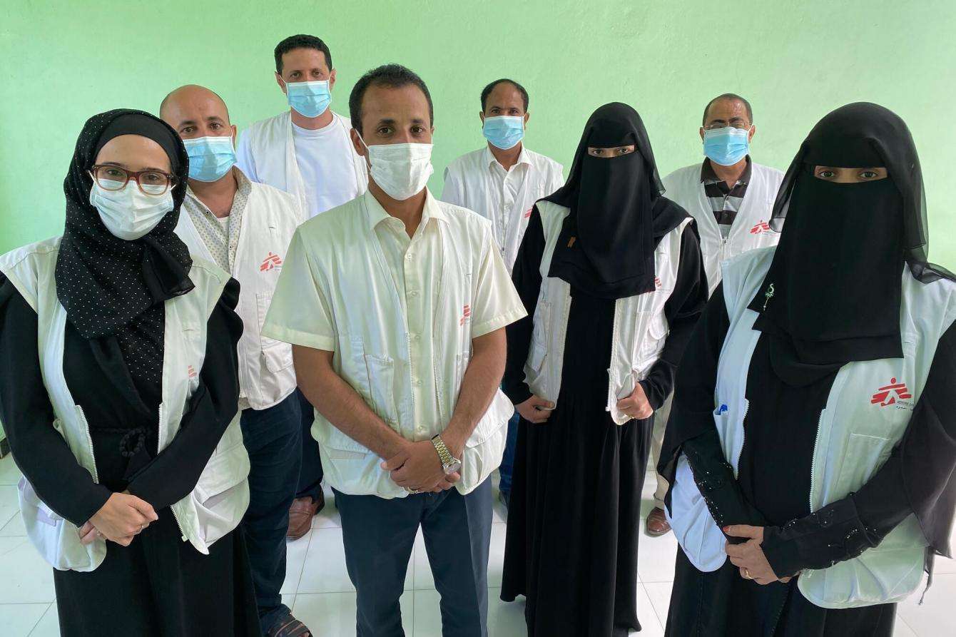MSF team members standing together at mental health clinic at Al Al-Gamhouri Hospital in Hajjah. Yemen