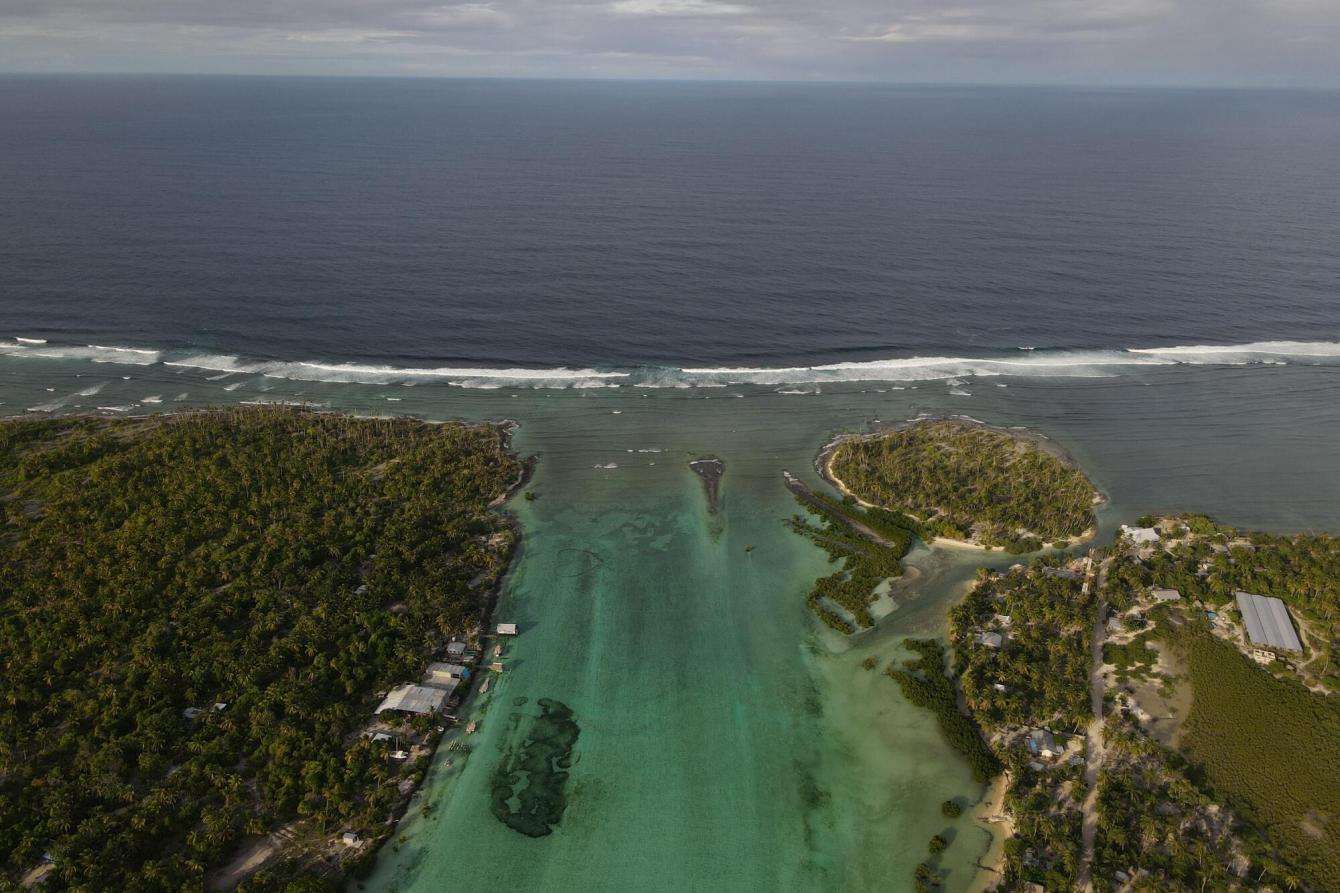 Aerial shot of channel between North and South Tarawa.