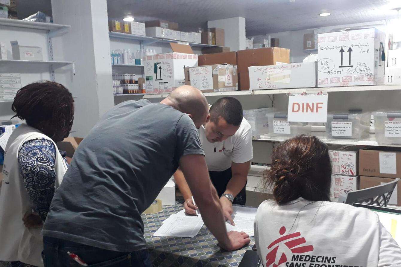 MSF staff prepare a donation of medical supplies in Gaza on October 8, 2023.