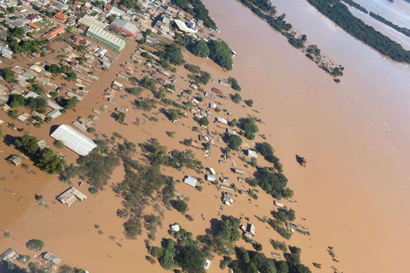 Aerial view of Rio Grande do Sul, Brazil, following severe floods. 