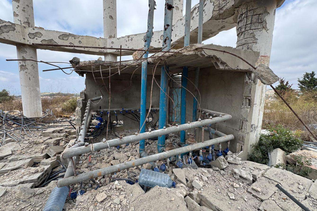 Damage to the water installation beneath the village reservoir in Yater, Lebanon.