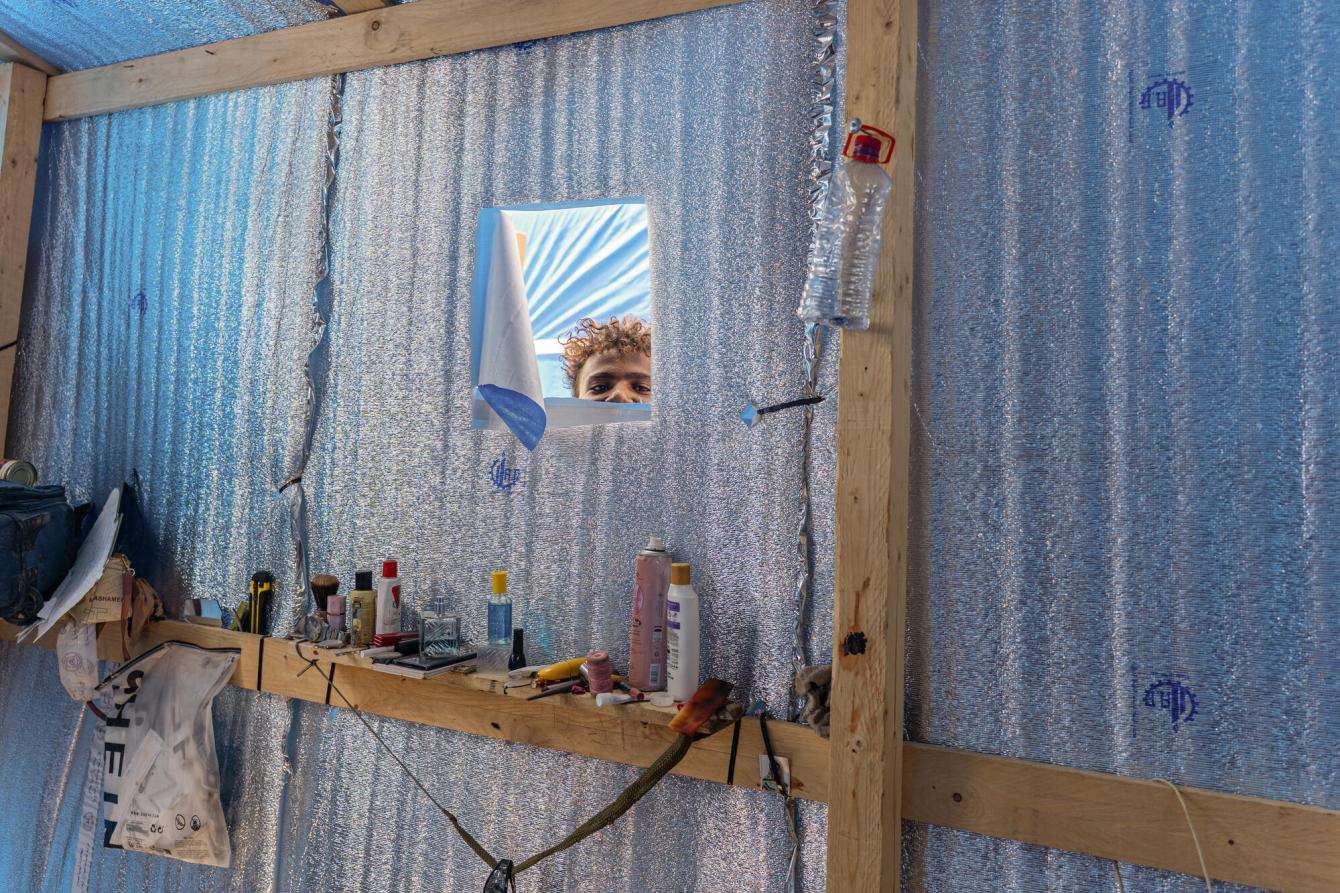 Inside a tent for displaced people in Yemen.