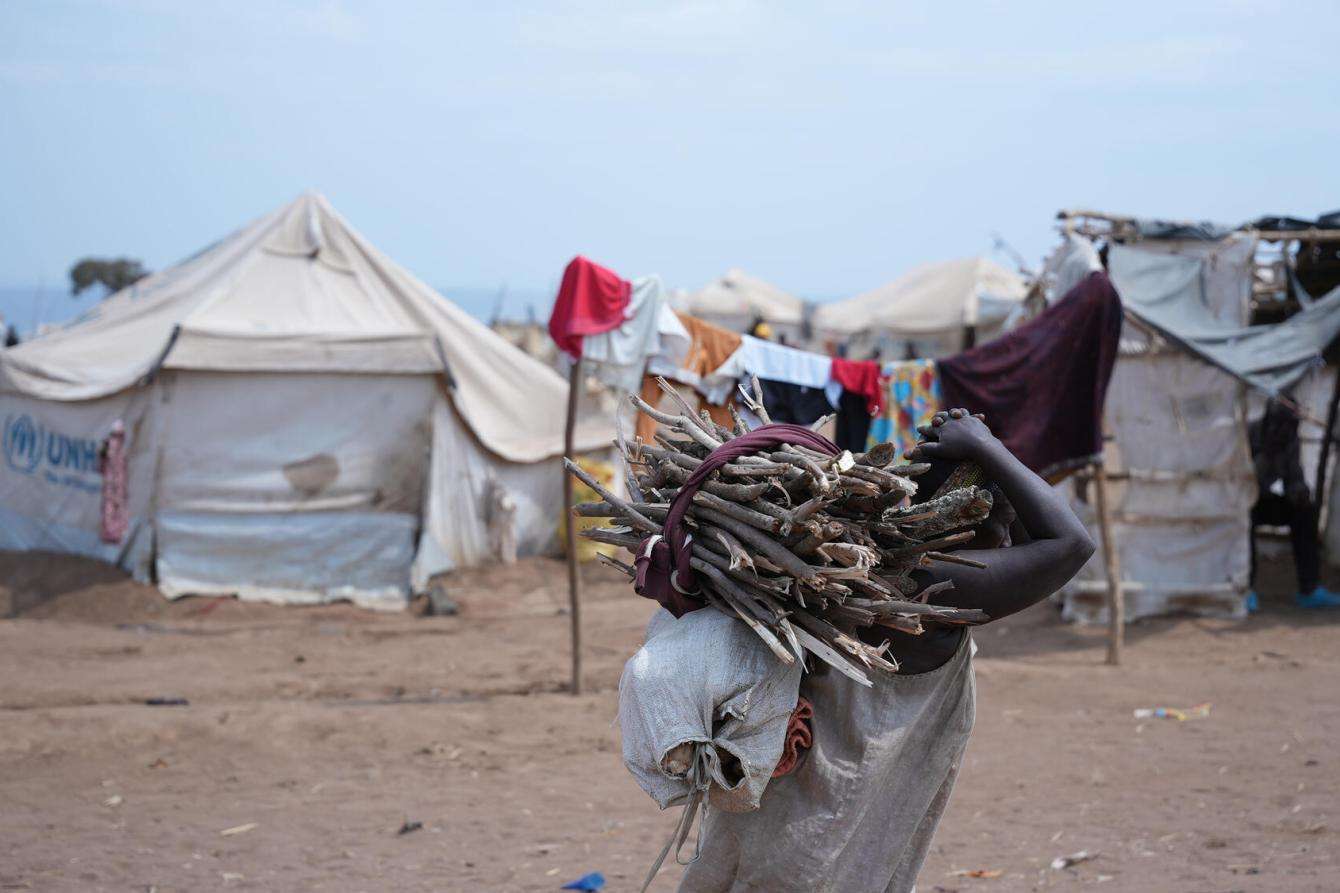A man carries a bundle of sticks on his back in Burundi. 