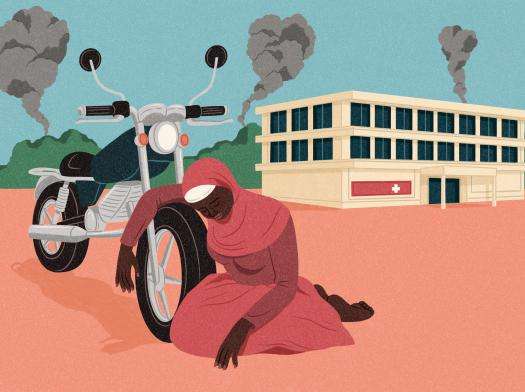 illustration by Alice Wietzel of a pregnant woman collapsed next to a motorcycle after an unsafe abortion