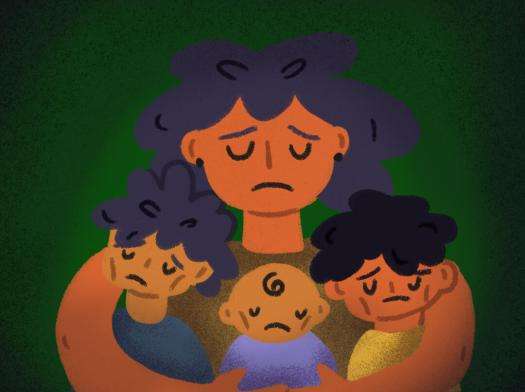 Illustration of a migrant woman embracing her three children.