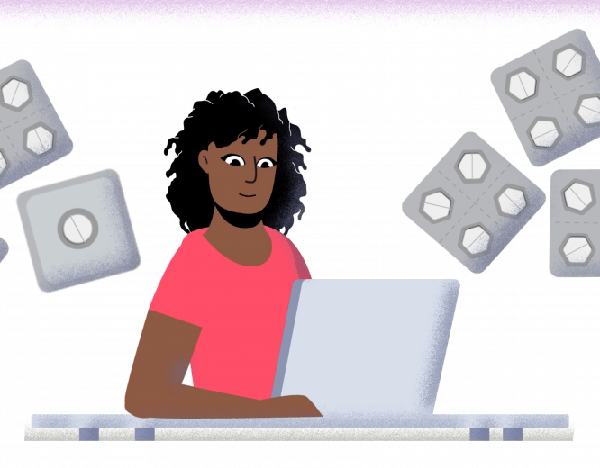 an illustration of a woman on a computer 