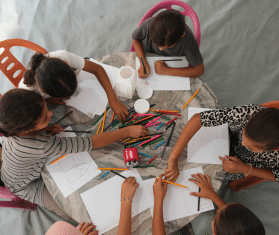 Palestinian children draw to express their feelings during an activity organized by MSF teams at the Zaytoun advanced medical point in Gaza City.
