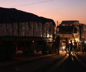Trucks carrying supplies at the border of Gaza.