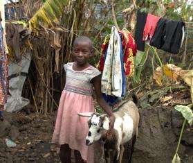 A girl stands next to a goat and smiles at the camera in DR Congo. 