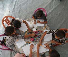 Children draw to express their feelings during an activity organized by MSF teams at the Zaytoun advanced medical point in Gaza City.